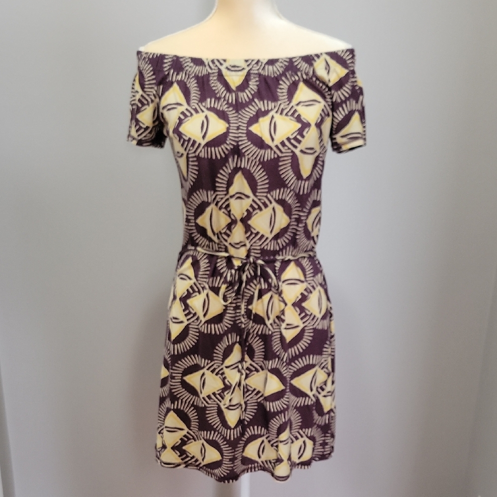 Vtg Victorias Secret Tee Shop Off-Shoulder Purple and Cream Printed Dress Sz S